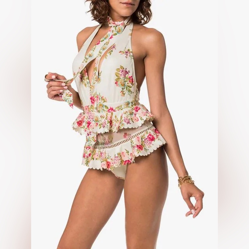 Zimmermann ruffle trim tie-neck  swimsuit sz AU 2